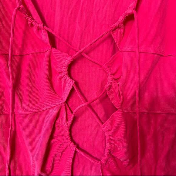 Urban Outfitters Elena Drawstring Cutout Top Hot Pink Long Sleeve Size L - Picture 4 of 7